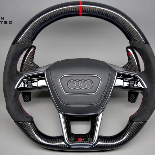 Audi RS6 RS7 C8 e-tron GT e-tron S Red Ring Alcantara Gloss Finish Carbon Fiber Steering Wheel v.1