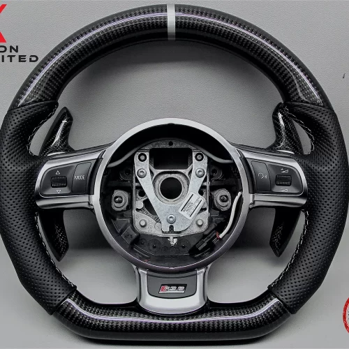 Audi R8 S3 RS3 8P RS6 4F Silver Ring Gloss Finish Perforated Leather Carbon Fiber Steering Wheel v.2