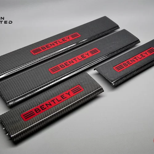 Bentley Bentayga Gloss Finish Carbon Door Sills with Black Logo on Red Base