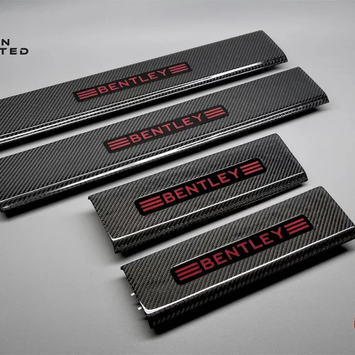 Bentley Bentayga Gloss Finish Carbon Door Sills with Red Logo on Black Base