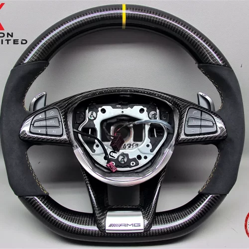 Mercedes W213 E63 R231 SL63 W205 C63 W176 A45 W222 S63 X166 GLS63 W218 CLS63 AMG GT Yellow Ring Alcantara Carbon Fiber Steering Wheel v.1