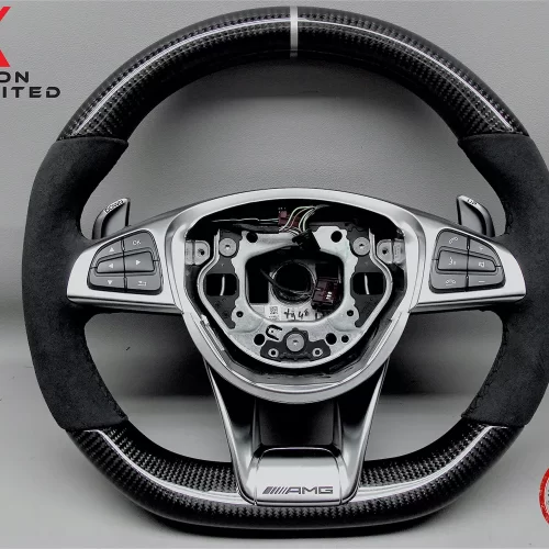 Mercedes W213 E63 R231 SL63 W205 C63 W176 A45 W222 S63 X166 GLS63 W218 CLS63 AMG GT Silver Ring Alcantara Carbon Fiber Steering Wheel v.1