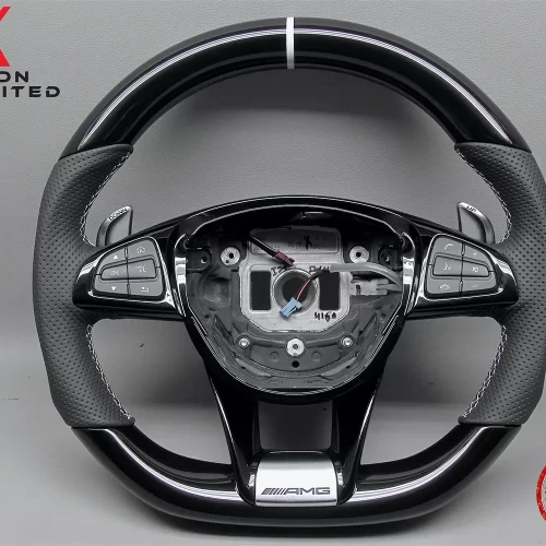 Mercedes W213 E63 R231 SL63 W205 C63 W176 A45 W222 S63 X166 GLS63 W218 CLS63 AMG GT White Ring Perforated Leather Piano Black Steering Wheel v.1