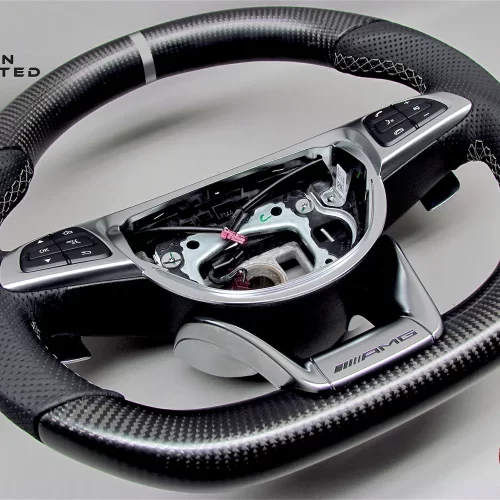 Mercedes W213 E63 R231 SL63 W205 C63 W176 A45 W222 S63 X166 GLS63 W218 CLS63 AMG GT Dark Gray Ring Perforated Leather Matte Finish Carbon Fiber Steering Wheel v.2