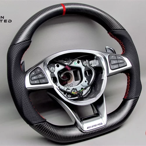 Mercedes W213 E63 R231 SL63 W205 C63 W176 A45 W222 S63 X166 GLS63 W218 CLS63 AMG GT Red Ring Perforated Leather Matte Finish Carbon Fiber Steering Wheel v.2