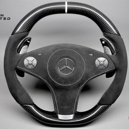 Mercedes R230 SL63 W219 CLS63 R171 SLK55 White Ring Alcantara Gloss Finish Carbon Fiber Steering Wheel v.2