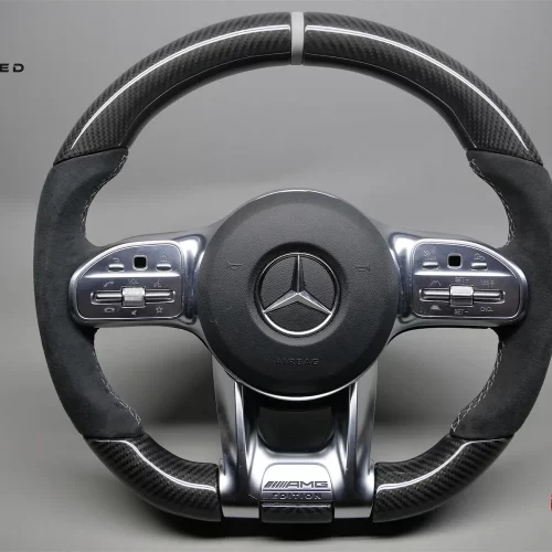 Mercedes X167 GLS63 2021-2023, W167 GLE63 2021-2023, W176 A35 2021, GLA45 2022-2023 Various Color Leather Rings Alcantara Gloss Finish Carbon Fiber Steering Wheel v.2