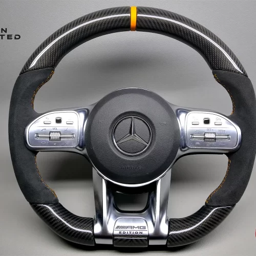 Mercedes W463 G63 2018-Present, AMG GT 63 4-Door 2019-2021, AMG GT R 2020-Present Orange Leather Ring Alcantara Gloss Finish Carbon Fiber Steering Wheel v.2