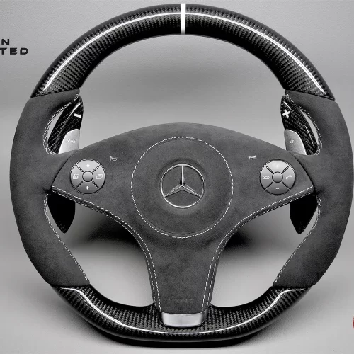 Mercedes R230 SL63 W219 CLS63 R171 SLK55 White Ring Alcantara Gloss Finish Carbon Fiber Steering Wheel v.1