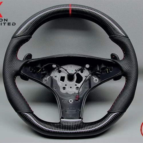 Mercedes R230 SL63 W219 CLS63 R171 SLK55 Red Ring Perforated Leather Gloss Finish Carbon Fiber Steering Wheel v.1