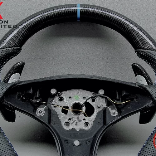 Mercedes R230 SL63 W219 CLS63 R171 SLK55 Blue Ring Perforated Leather Gloss Finish Carbon Fiber Steering Wheel v.1