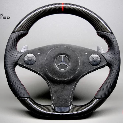 Mercedes R230 SL63 W219 CLS63 R171 SLK55 Red Ring & Stitch Perforated Leather Gloss Finish Carbon Fiber Steering Wheel v.1