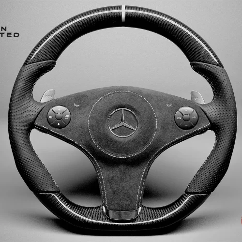 Mercedes R230 SL63 W219 CLS63 R171 SLK55 White Ring Perforated Leather Gloss Finish Carbon Fiber Steering Wheel v.1