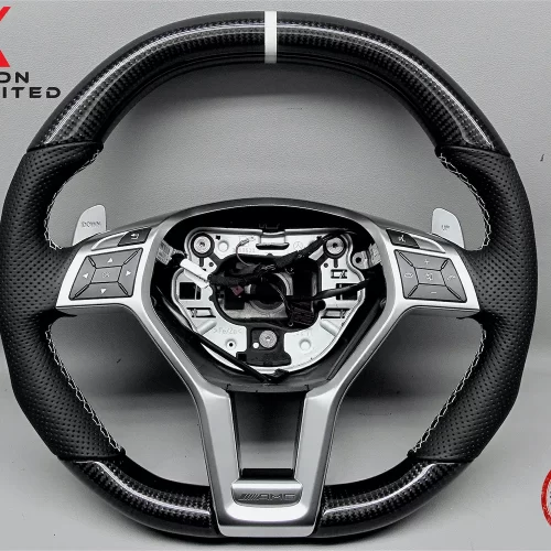 Mercedes R231 SL63 SL65 W212 E63 W204 C63 W218 CLS63 C117 CLA45 W176 A45 R171 SLK55 White Ring Perforated Leather Gloss Finish Carbon Fiber Steering Wheel