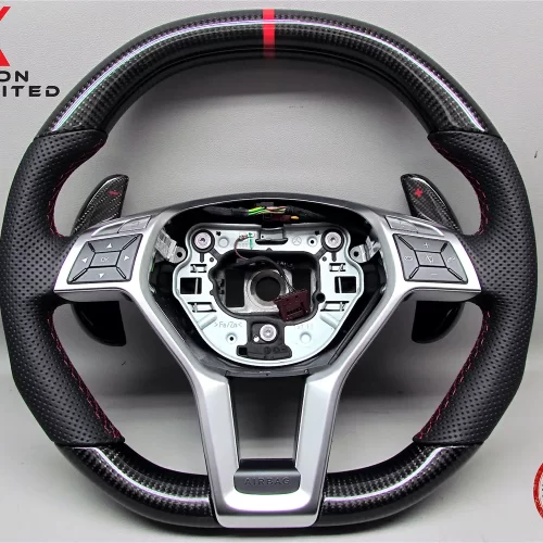 Mercedes R231 SL63 SL65 W212 E63 W204 C63 W218 CLS63 C117 CLA45 W176 A45 R171 SLK55 Red Ring Perforated Leather Gloss Finish Carbon Fiber Steering Wheel