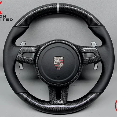 Porsche Gen 2 991, Cayman 987, Gen 2 958 Cayenne, Gen 2 970 Panamera Silver Ring Napa Leather Gloss Finish Sport Carbon Fiber Steering Wheel v.1