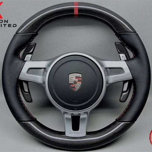 Porsche Gen 2 997, Cayman 987, Gen 2 958 Cayenne, Gen 2 970 Panamera Red Ring Napa Leather Gloss Finish Sport Steering Wheel v.1