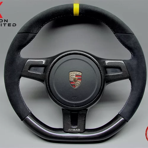 Porsche Gen 2 991, Cayman 987, Gen 2 958 Cayenne, Gen 2 970 Panamera Yellow Leather Ring Alcantara Gloss Finish Sport Carbon Fiber Steering Wheel v.2