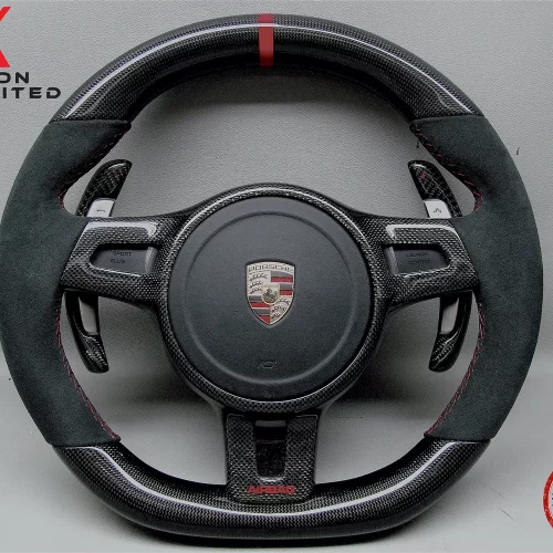 Porsche Gen 2 991, Cayman 987, Gen 2 958 Cayenne, Gen 2 970 Panamera Red Ring Alcantara Gloss Finish Sport Carbon Fiber Steering Wheel v.2