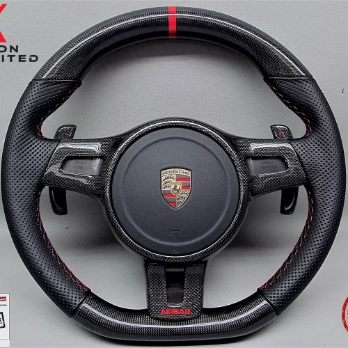 Porsche Gen 2 991, Cayman 987, Gen 2 958 Cayenne, Gen 2 970 Panamera Red Ring Perforated Leather Gloss Finish Sport Carbon Fiber Steering Wheel v.2