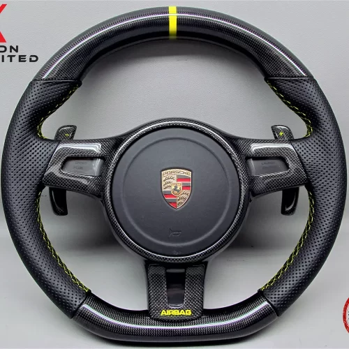 Porsche Gen 2 991, Cayman 987, Gen 2 958 Cayenne, Gen 2 970 Panamera Yellow Ring Perforated Leather Gloss Finish Sport Carbon Fiber Steering Wheel v.2