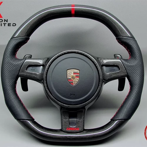 Porsche Gen 2 991, Cayman 987, Gen 2 958 Cayenne, Gen 2 970 Panamera Red Ring Perforated Leather Gloss Finish Sport Small Diameter Carbon Fiber Steering Wheel v.3