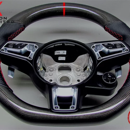 Porsche 718 Cayman GT4 GTS 4.0 Boxster Spyder Red Ring Perforated Leather Gloss Finish Carbon Fiber Steering Wheel v.2