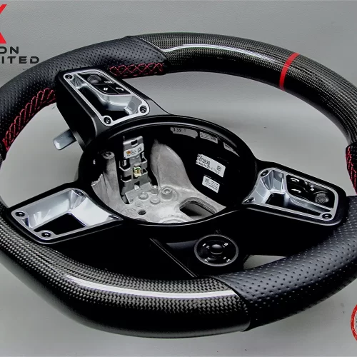 Porsche 918 Spyder Red Ring Perforated Leather Gloss Finish Carbon Fiber Steering Wheel v.2