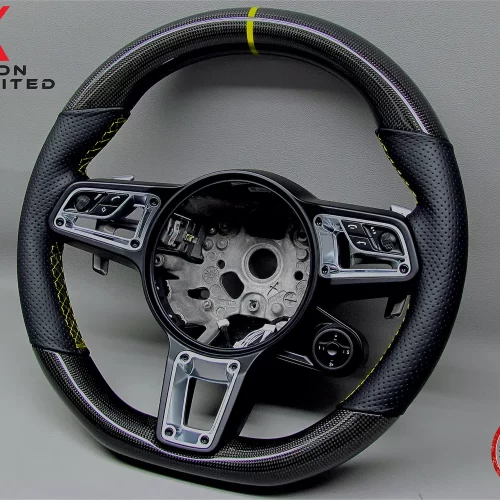 Porsche 918 Spyder Yellow Ring Perforated Leather Gloss Finish Carbon Fiber Steering Wheel v.2