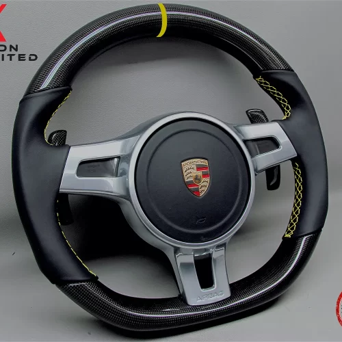 Porsche Gen 2 991, Cayman 987, Gen 2 958 Cayenne, Gen 2 970 Panamera Yellow Ring Napa Leather Gloss Finish Sport Carbon Fiber Steering Wheel v.4