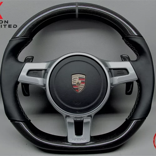 Porsche Gen 2 991, Cayman 987, Gen 2 958 Cayenne, Gen 2 970 Panamera Dark Gray Ring Napa Leather Gloss Finish Sport Carbon Fiber Steering Wheel v.4