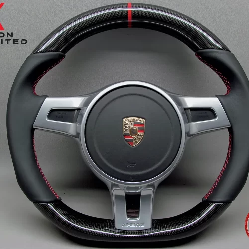 Porsche Gen 2 991, Cayman 987, Gen 2 958 Cayenne, Gen 2 970 Panamera Red Ring Napa Leather Gloss Finish Sport Carbon Fiber Small Diameter Steering Wheel v.5