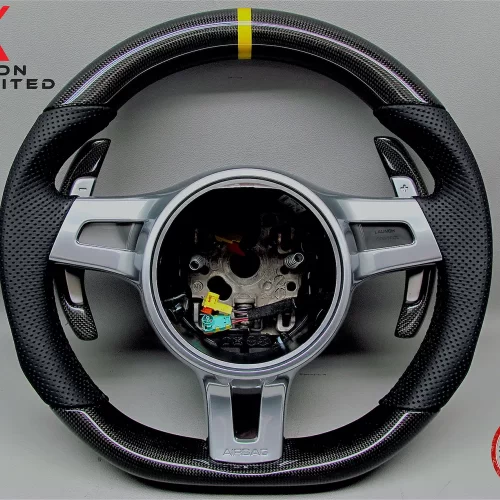 Porsche Gen 2 991, Cayman 987, Gen 2 958 Cayenne, Gen 2 970 Panamera Yellow Ring Perforated Leather Gloss Finish Sport Carbon Fiber Small Diameter Steering Wheel v.5