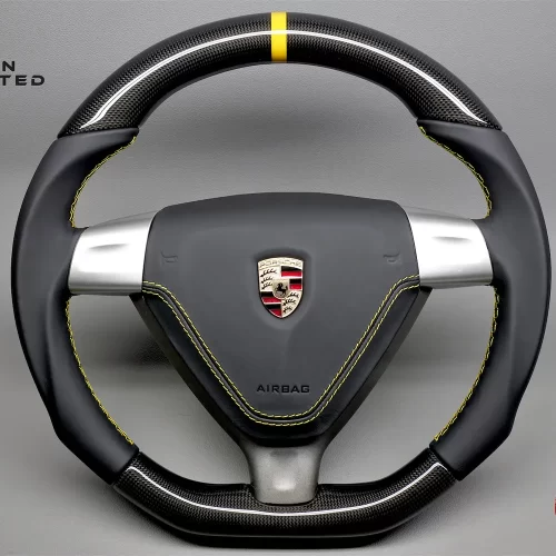 Porsche 997 911 Gen 1 Carrera 987 Yellow Ring Yellow Stitch Gloss Finish Carbon Fiber Triangle Airbag Type Steering Wheel