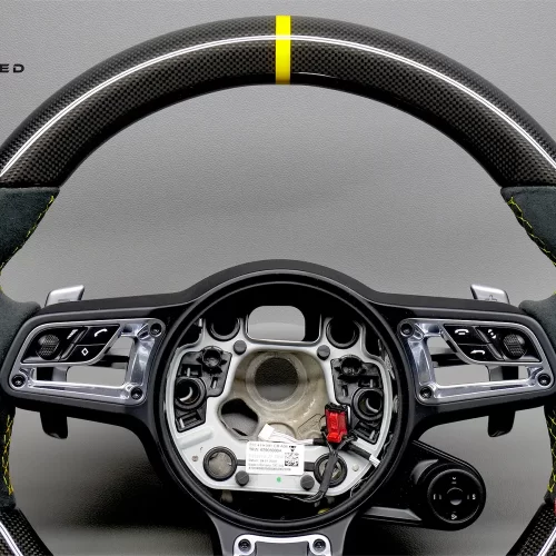 Porsche 718 Cayman GT4 GTS 4.0 Boxster Spyder Yellow Ring Alcantara Gloss Finish Carbon Fiber Heated Steering Wheel v.3.1