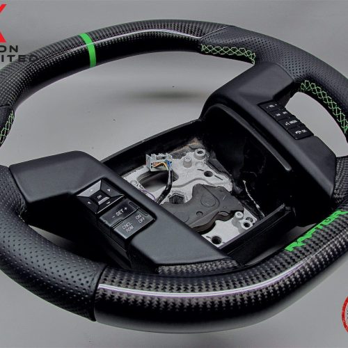 Ford Raptor SVT F150 2010-2014 Neon Green Ring Perforated Leather Gloss Finish Carbon Fiber Steering Wheel