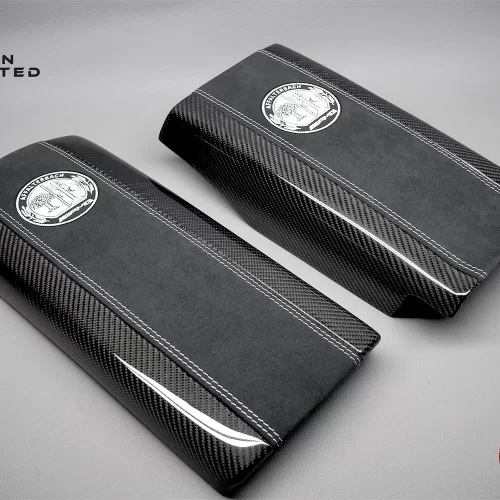 Mercedes R230 SL Class SL550 SL63 Gloss Finish Carbon Fiber & Alcantara White AMG Embroidery Armrest Set