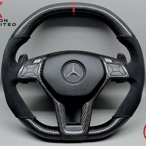 Mercedes R231 SL63 SL65 W212 E63 W204 C63 W218 CLS63 C117 CLA45 W176 A45 R171 SLK55 Red Ring Alcantara Gloss Finish Carbon Fiber Steering Wheel