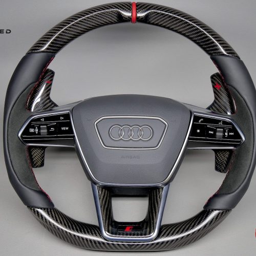 Audi RS6 RS7 C8 e-tron GT e-tron S Red Leather Ring Napa Leather & Alcantara Matte Satin Finish Carbon Fiber Steering Wheel v.2