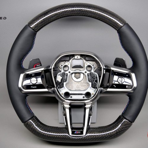 BMW 7 Series G70 760i xDrive 750e xDrive 740i xDrive 740i 2022-Present Napa Leather “7 Series Specific” Silver Thread Carbon Fiber Steering Wheel