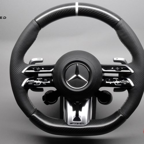 Mercedes AMG GT43, AMG GT53, AMG GT63, AMG GT63 S 4-door Coupe 2023+ White Ring Perforated Leather Matte Finish Carbon Fiber Heated & Distronic Plus Steering Wheel v.1.1