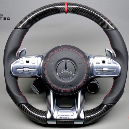 Mercedes X167 GLS63 2021-2023, W167 GLE63 2021-2023, W176 A35 2021, GLA45 2022-2023 Red Leather Ring Napa Gloss Finish Carbon Fiber Steering Wheel v.1