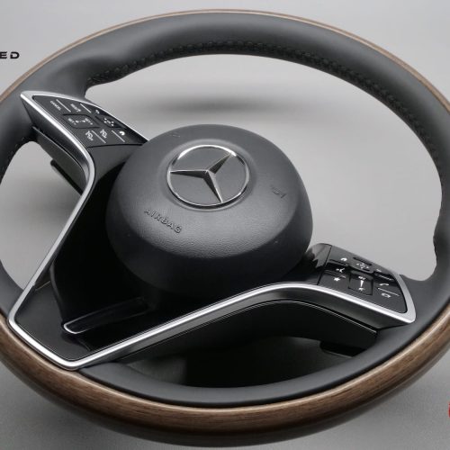 Mercedes W223 S500 4Matic, S580e 4Matic, S580 4Matic Napa Leather Heated & Distronic Plus Matte Satin Finish Natural Grain Walnut Wood Veneer with Aluminum Lines Steering Wheel v.1