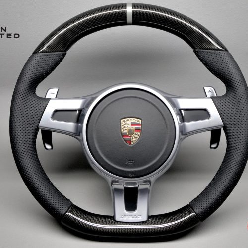 Porsche Gen 2 991, Cayman 987, Gen 2 958 Cayenne, Gen 2 970 Panamera Silver Ring Perforated Leather Gloss Finish Sport Carbon Fiber Steering Wheel v.2